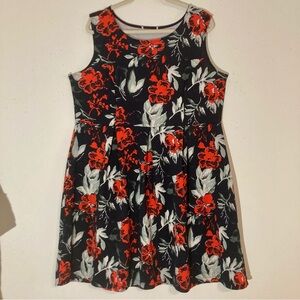 Gilli Navy Red Gray Floral Knee-Length Sleeveless Skater Dress, Sz 1X, Made USA